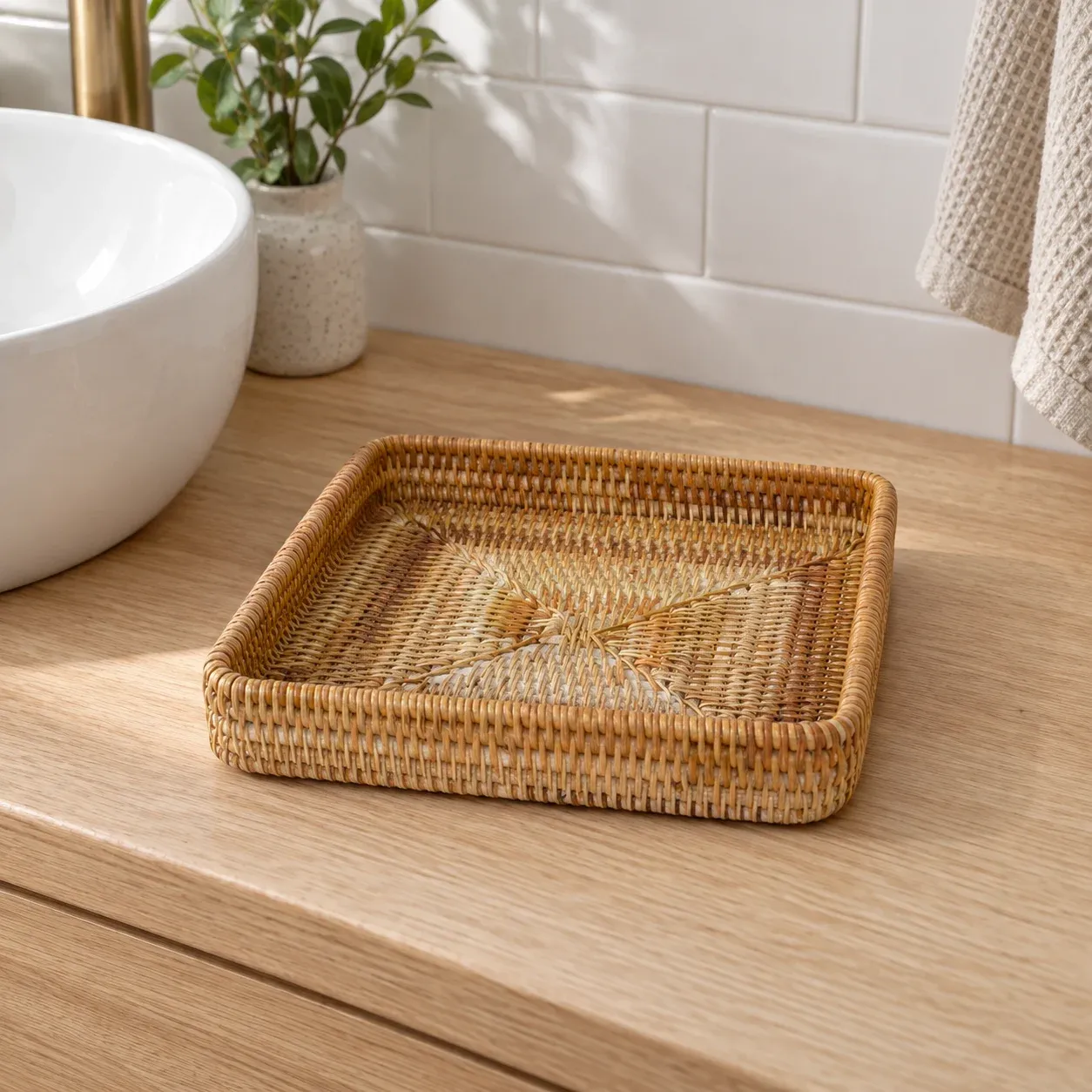 Complete empty medium square woven rattan tray in natural brown