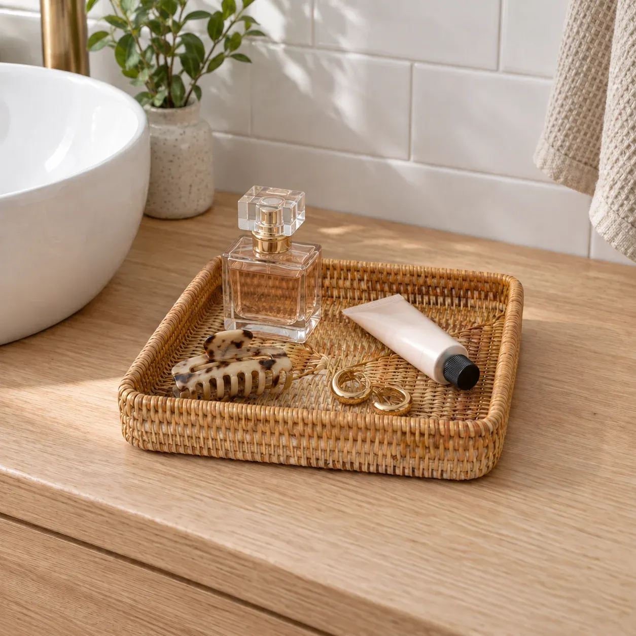 Square rattan vanity tray organizing perfume, hand cream, hair clip and earrings