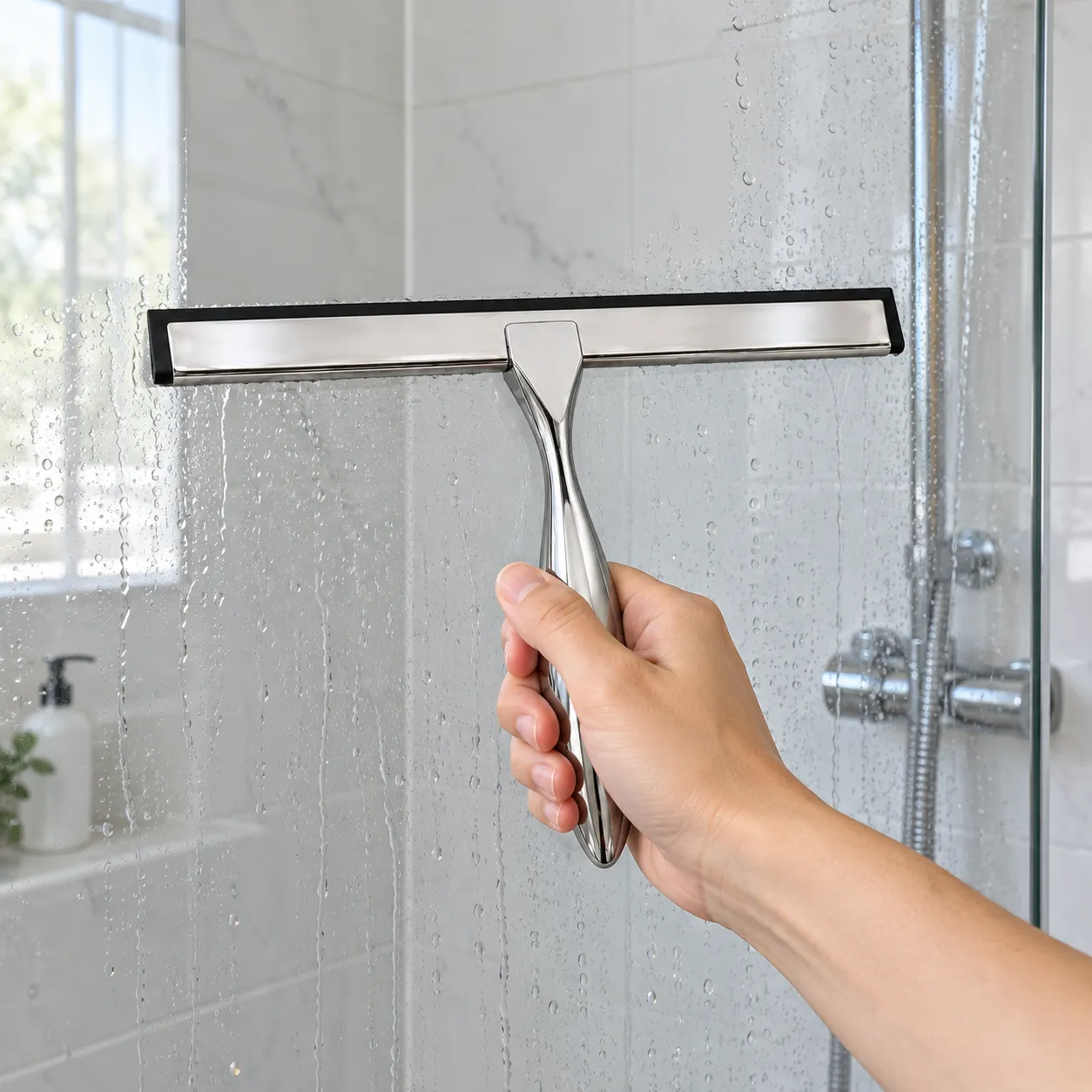 Fern Short Shower Squeegee — shown in use