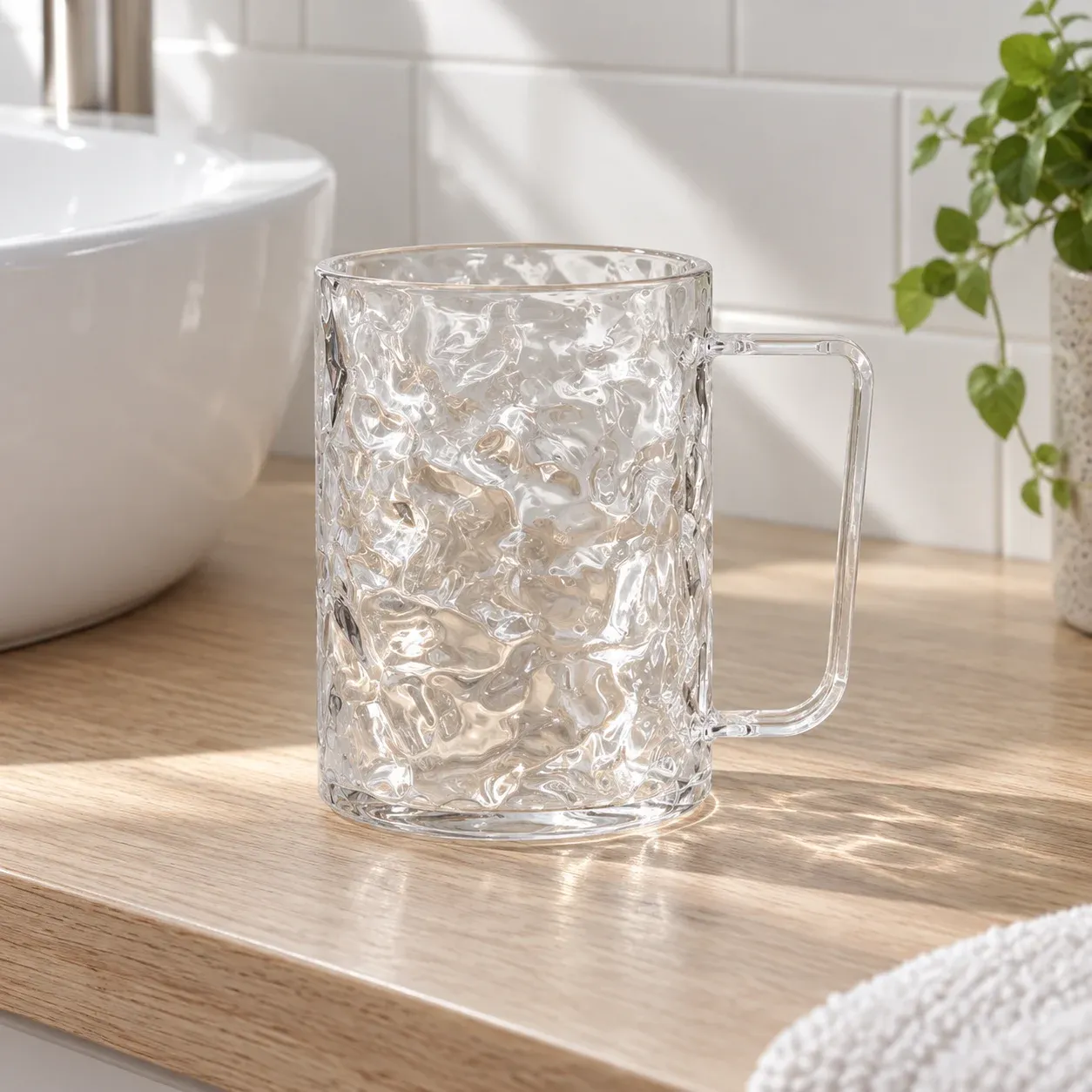 Complete empty transparent ripple-textured plastic tumbler with open handle