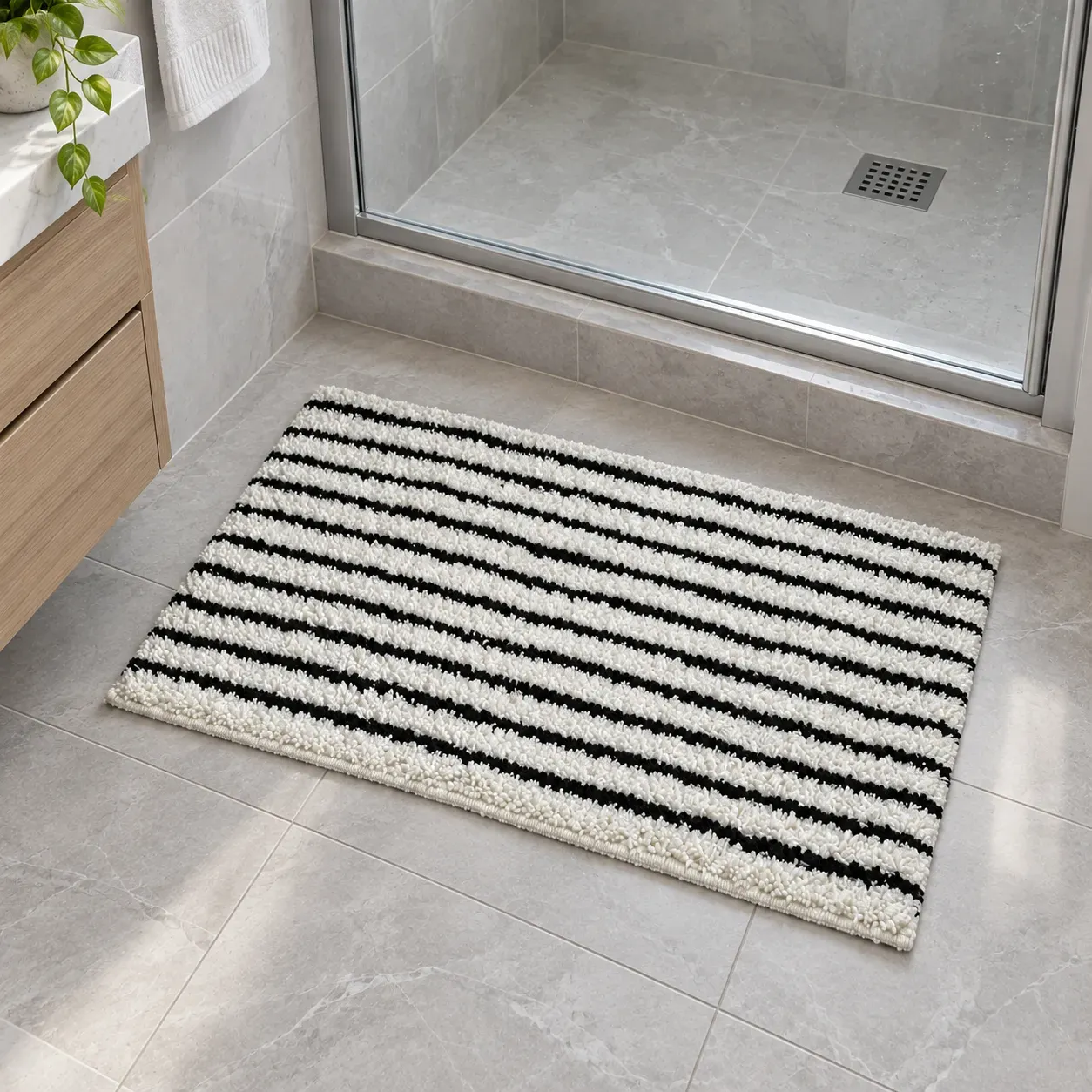Clifton Stripe Bath Mat, Black and White, in use; styling props are not included