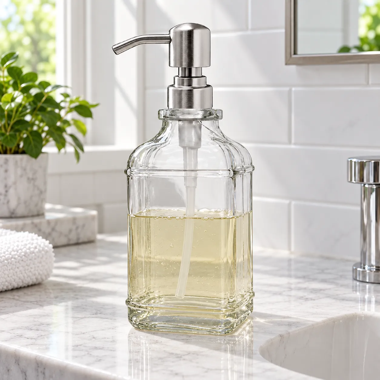 Laurel Glass Soap Pump — shown in use
