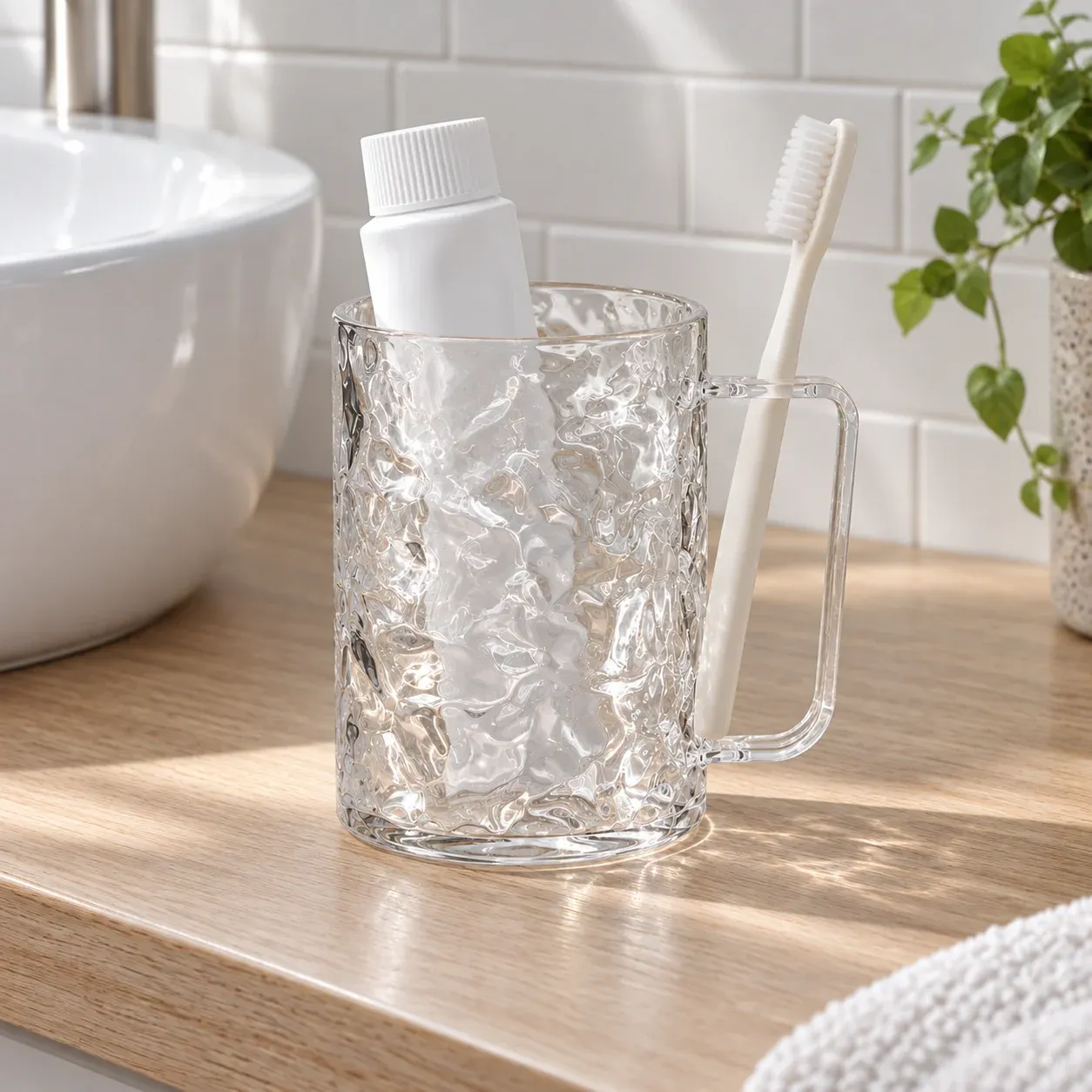 Transparent ripple tumbler organizing a toothbrush and a plain bathroom bottle