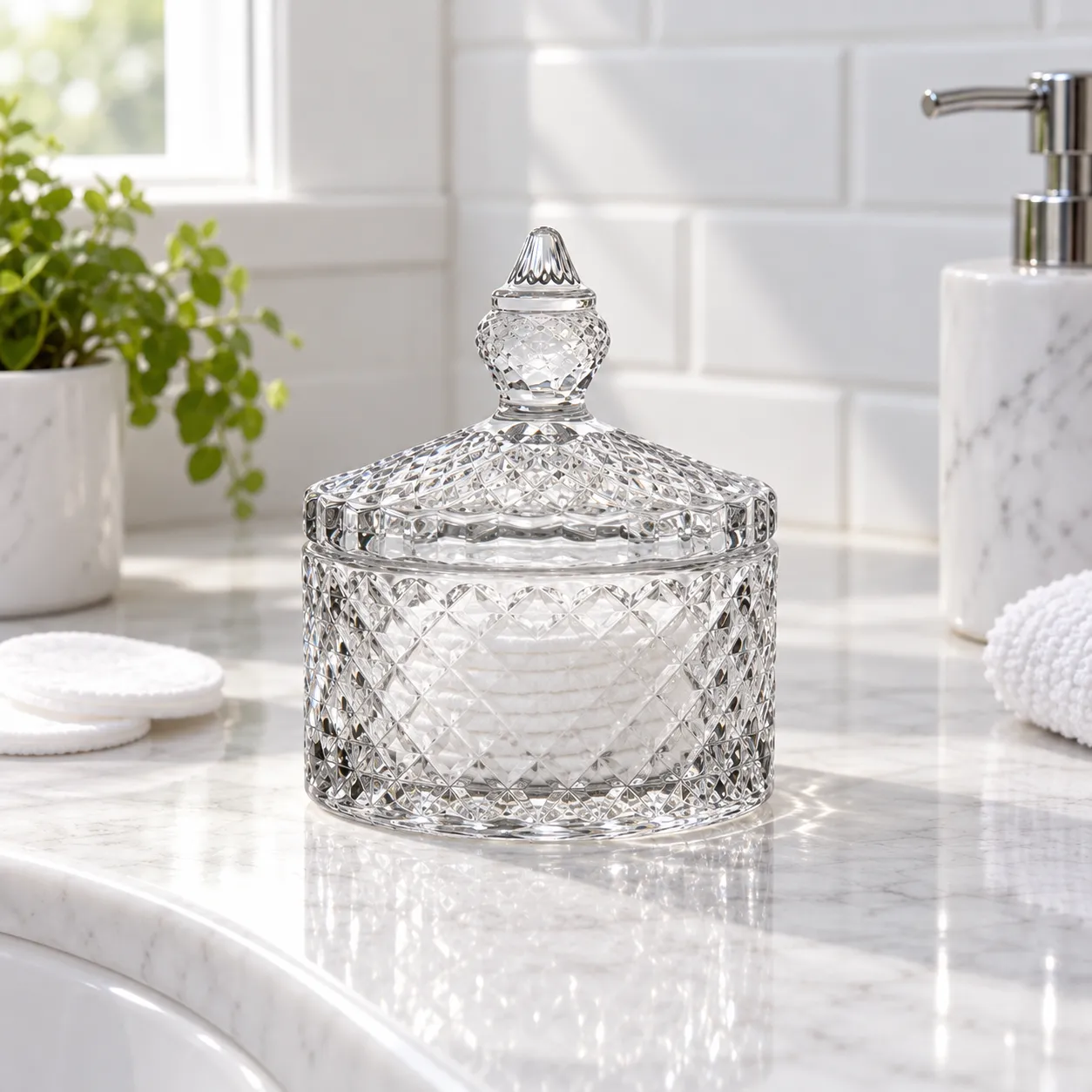 Blythe Diamond Glass Jar — shown in use