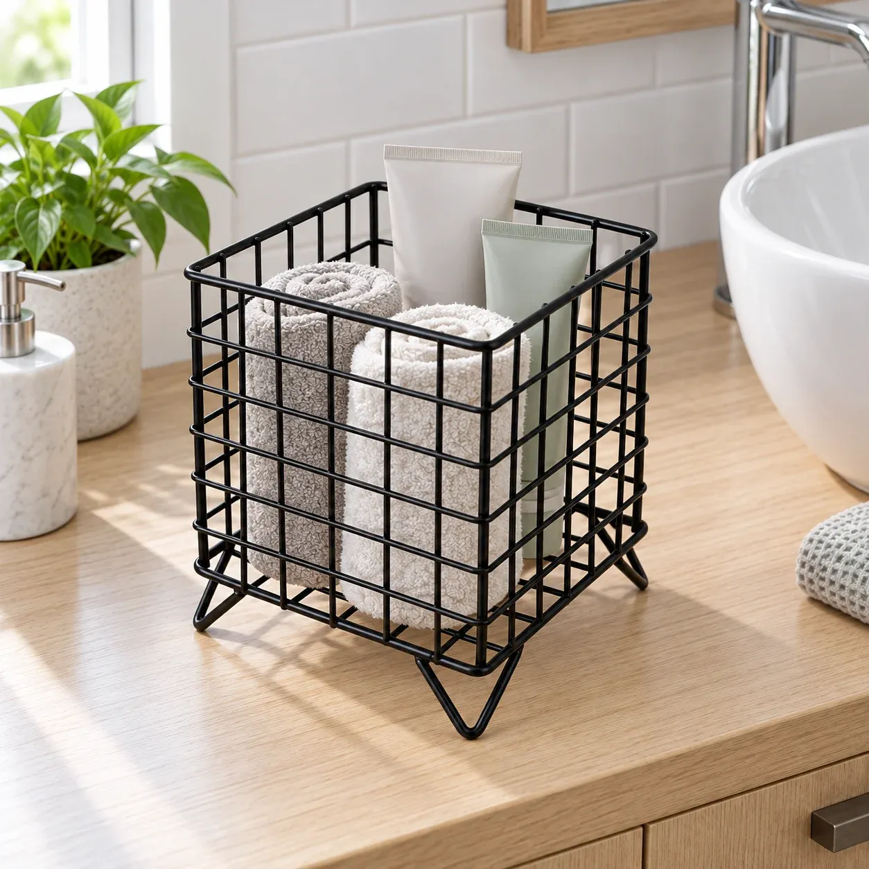 Black wire basket organizing small rolled cloths and skincare tubes on a vanity