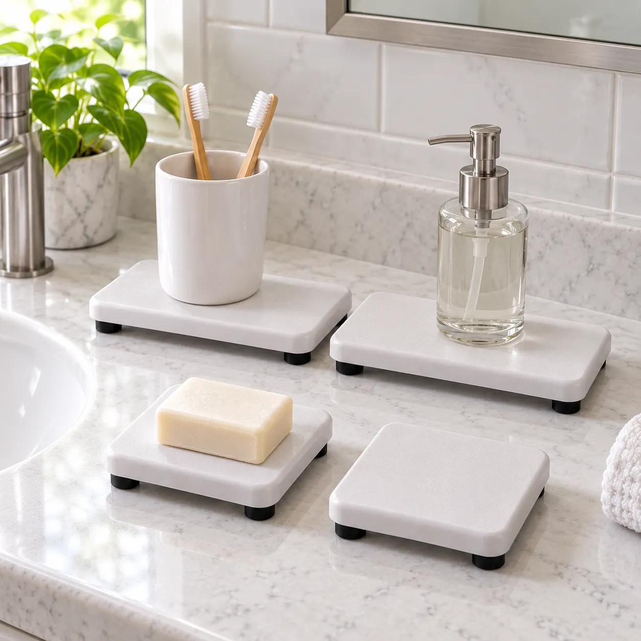 Evelyn Raised Vanity Pads — shown in use