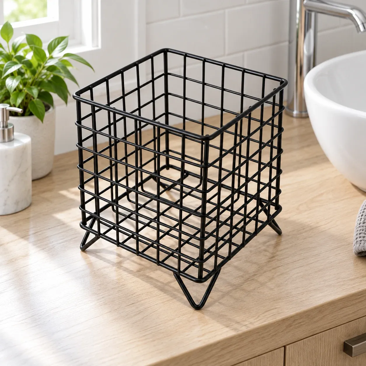Complete empty black square wire-grid basket with raised feet