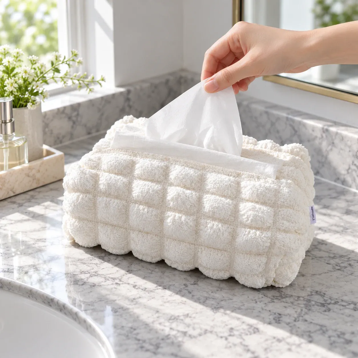 Bramley Quilted Tissue Cover: product in use