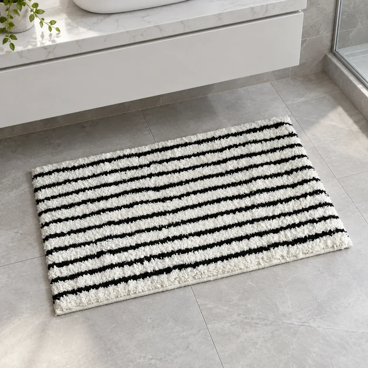 Clifton Stripe Bath Mat, Black and White, whole product