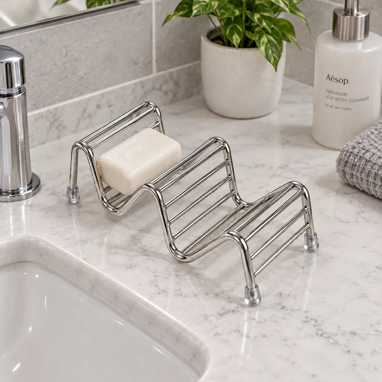 Briar Wave Soap Rack, Silver, without tray, in use; styling props are not included
