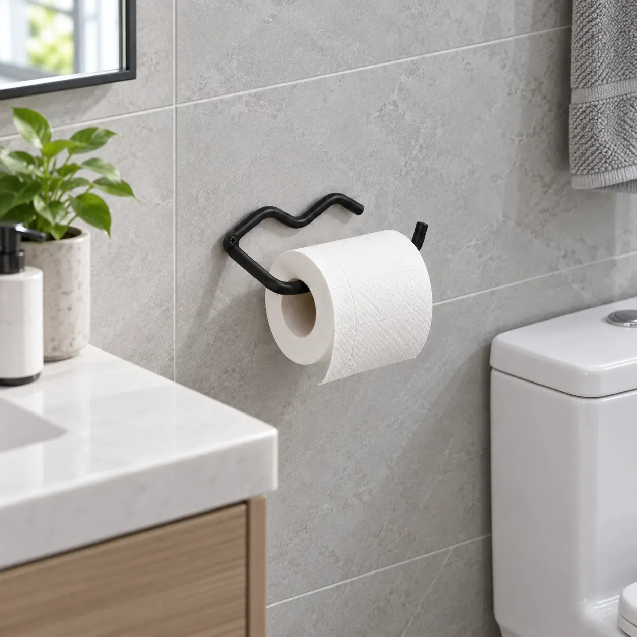 Aurora Roll Holder, Black, in use; styling props are not included