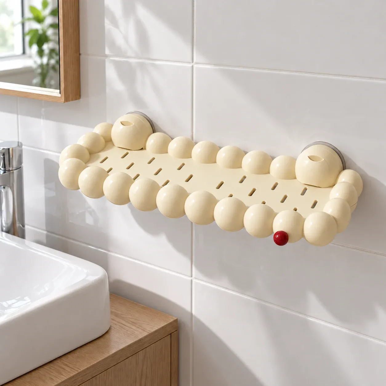 Complete empty beige cloud bathroom shelf with small red accent and suction mounts