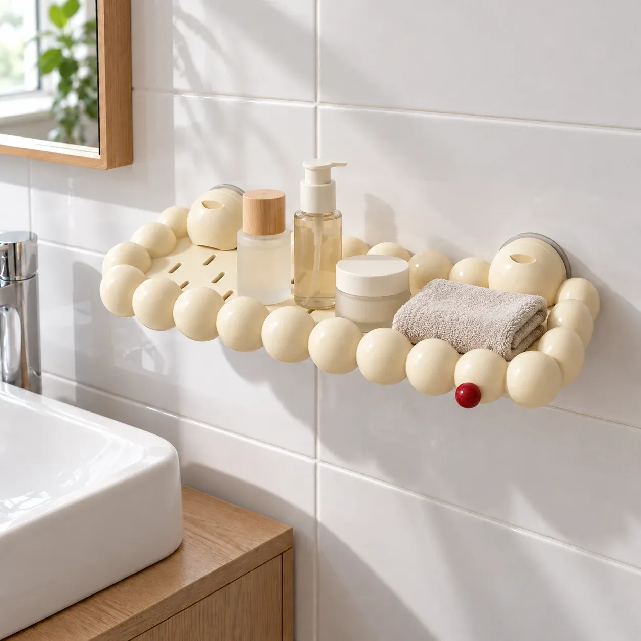 Beige cloud shelf holding three skincare containers and a folded cloth on a tiled wall