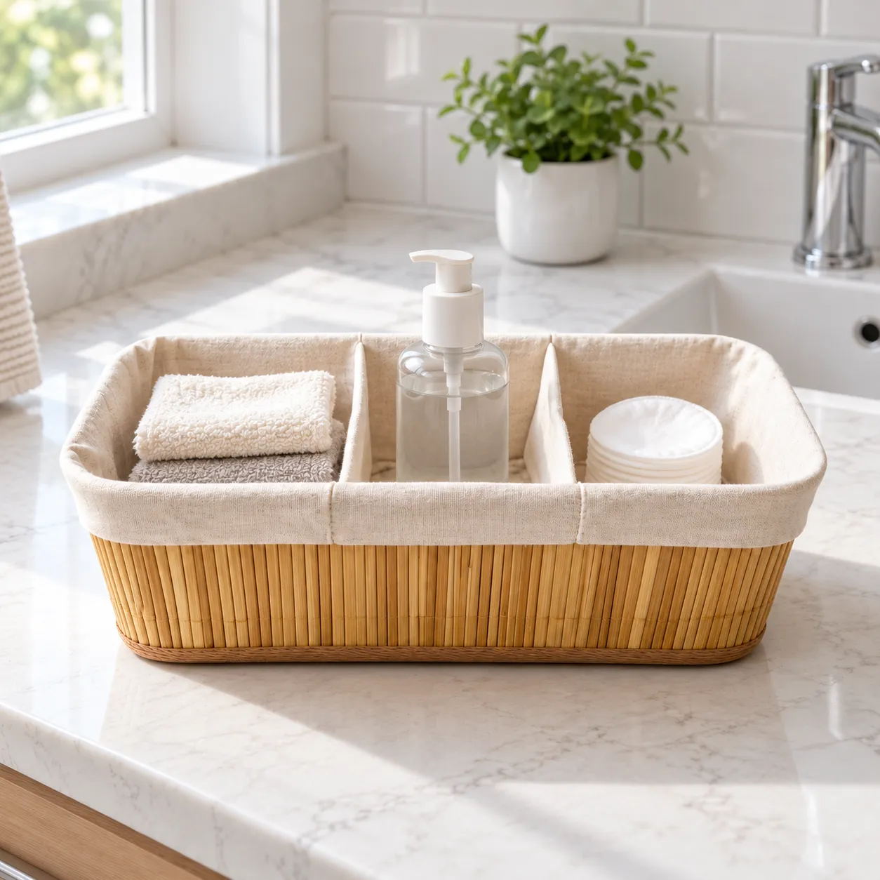 Maribel Divided Vanity Basket — shown in use