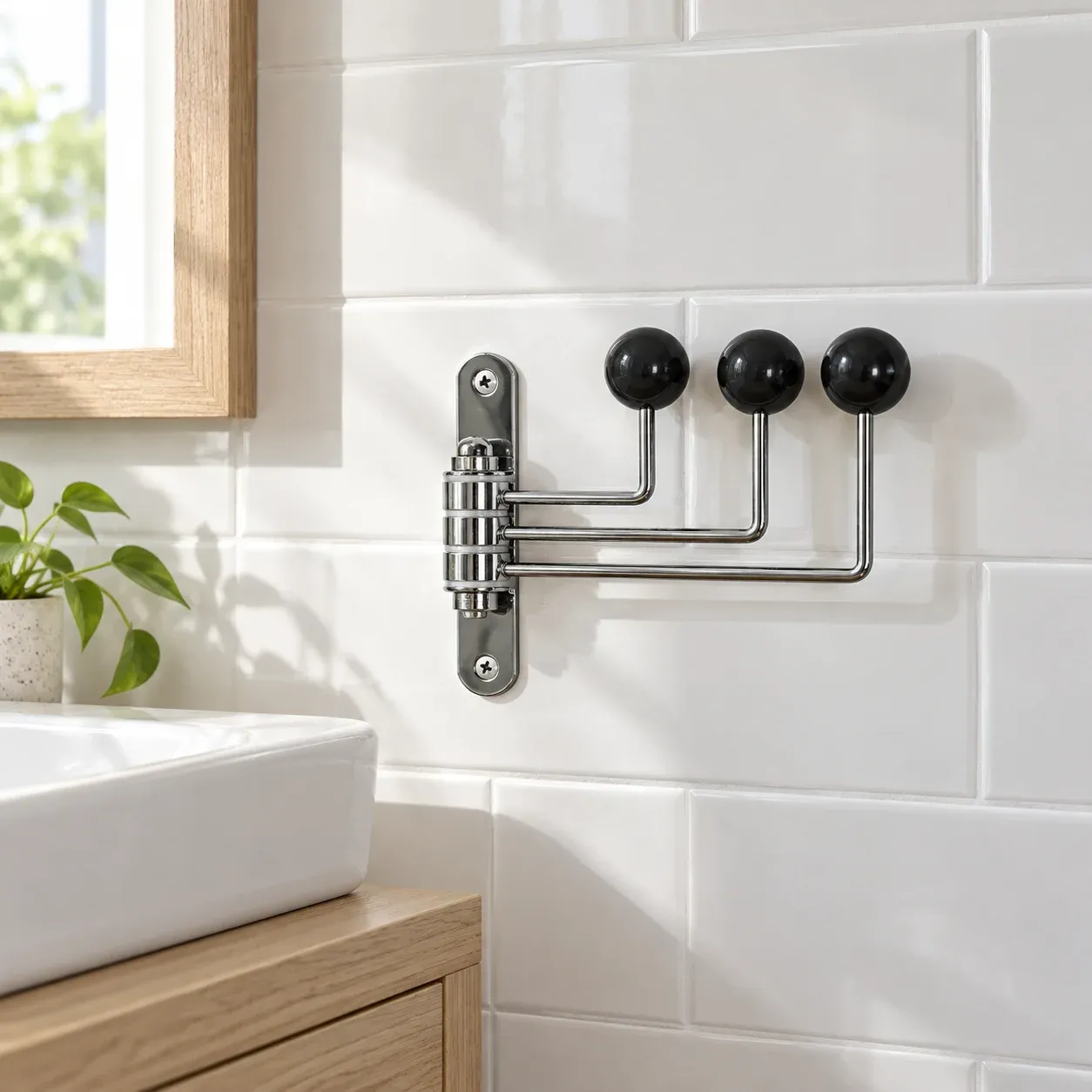 Complete empty three-hook rack with black ball knobs and chrome-finish arms