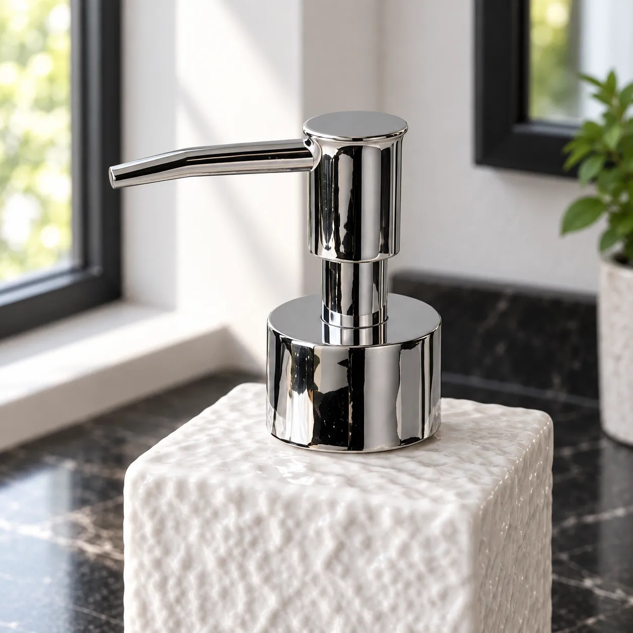 Close view of the chrome-finish nozzle, stem and collar