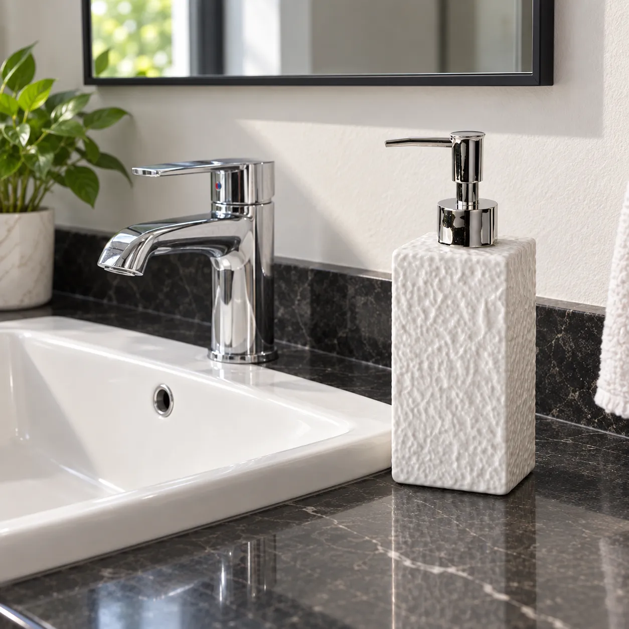 The white ceramic dispenser beside a bathroom basin