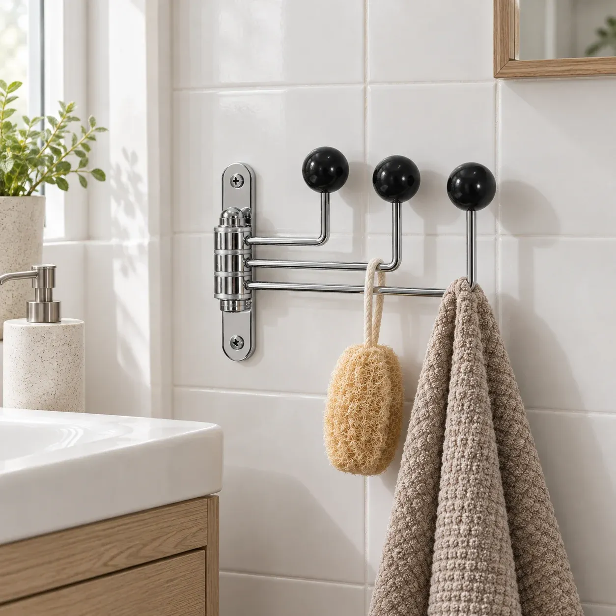 Three-hook black and chrome wall rack holding a towel and sponge beside a basin